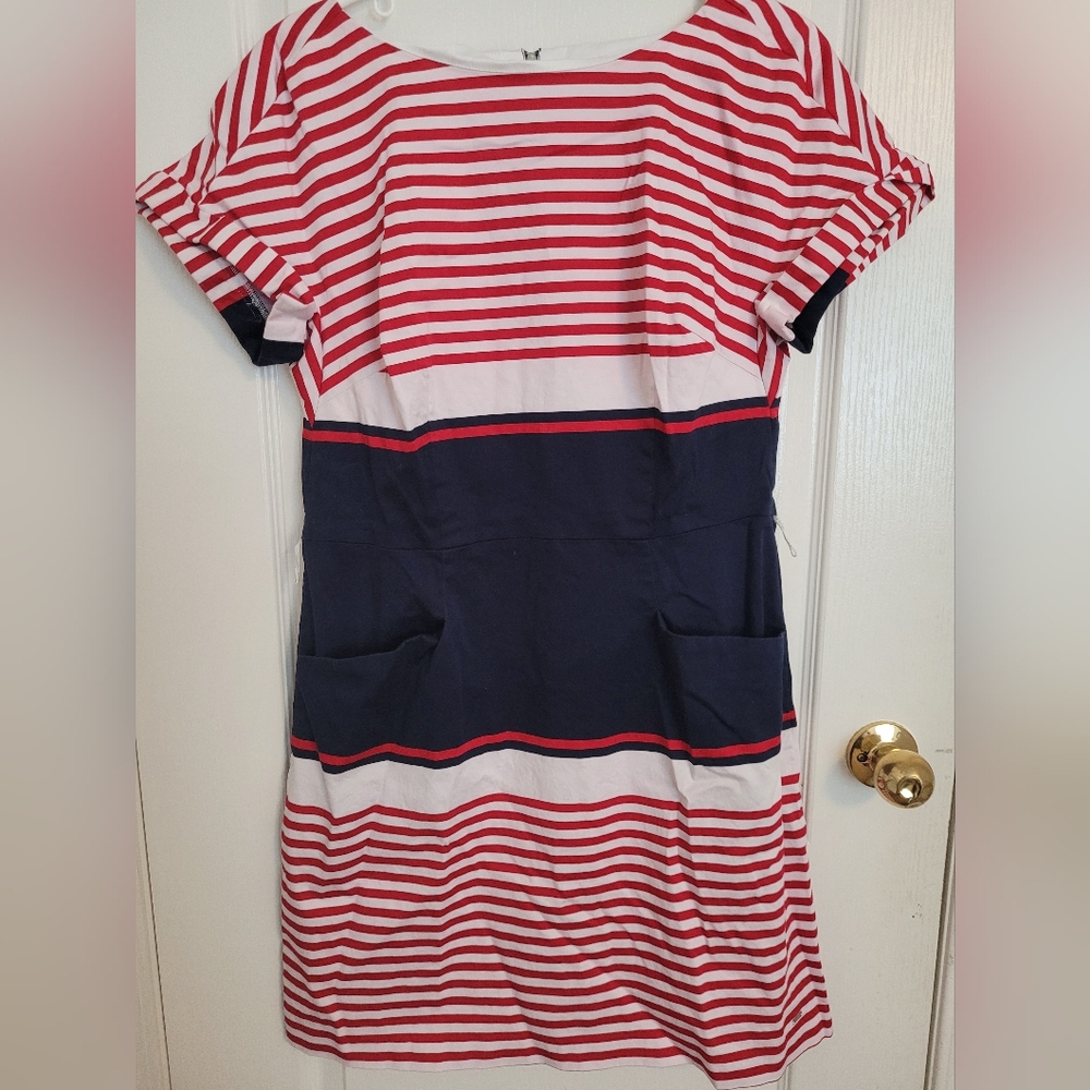 Tommy Hilfiger Casual Red and Blue Sheath Mini Dress with Bateau Neckline